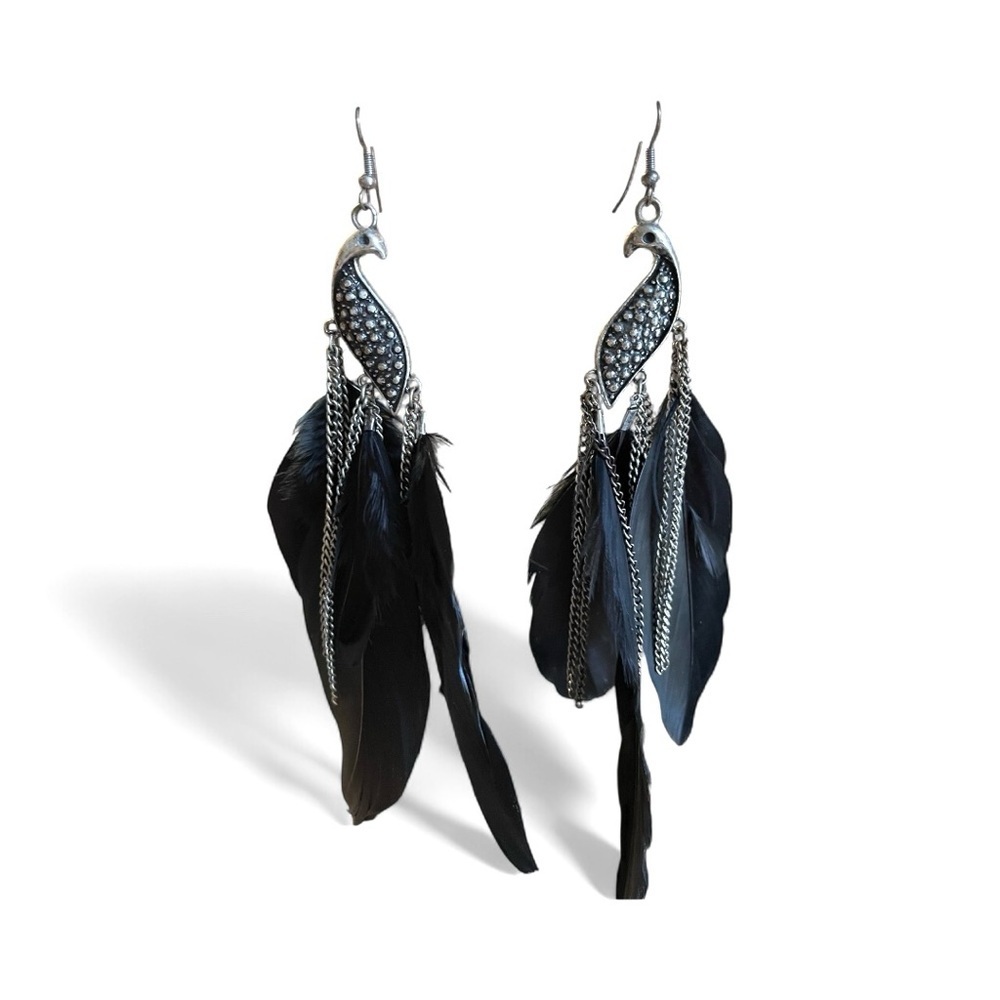 Pamela Silver and Black Feather Peacock Earrings with Chains